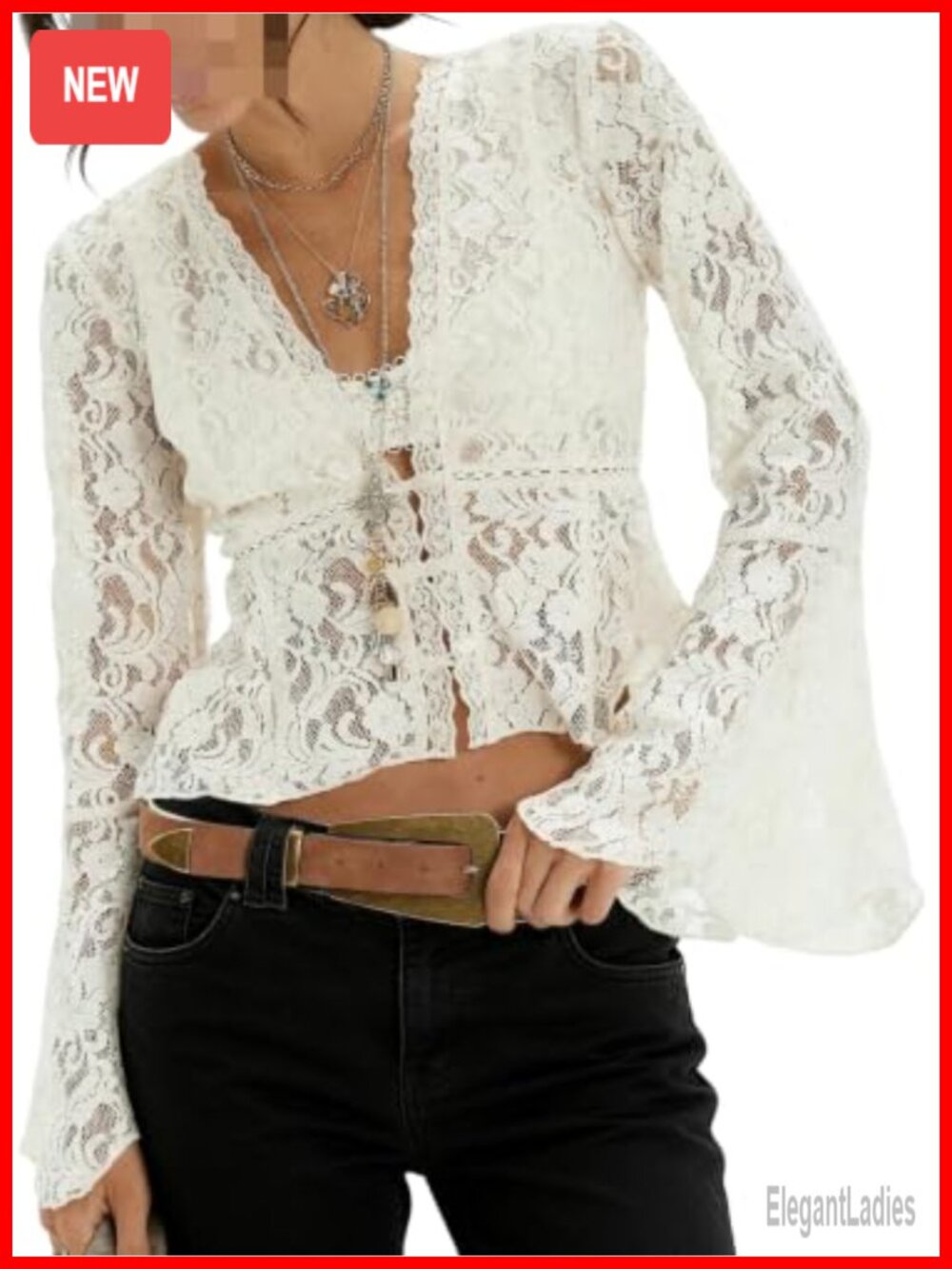 Boho Lace Sheer Flowy Top See Through Frilly Bell Sleeve Poncho Shirt